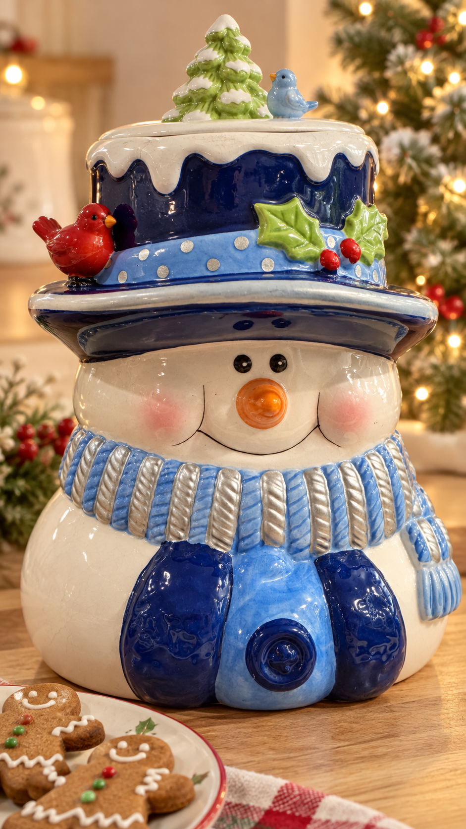 Houston Harvest Snowman Cookie Jar – Blue Top Hat & Winter Birds