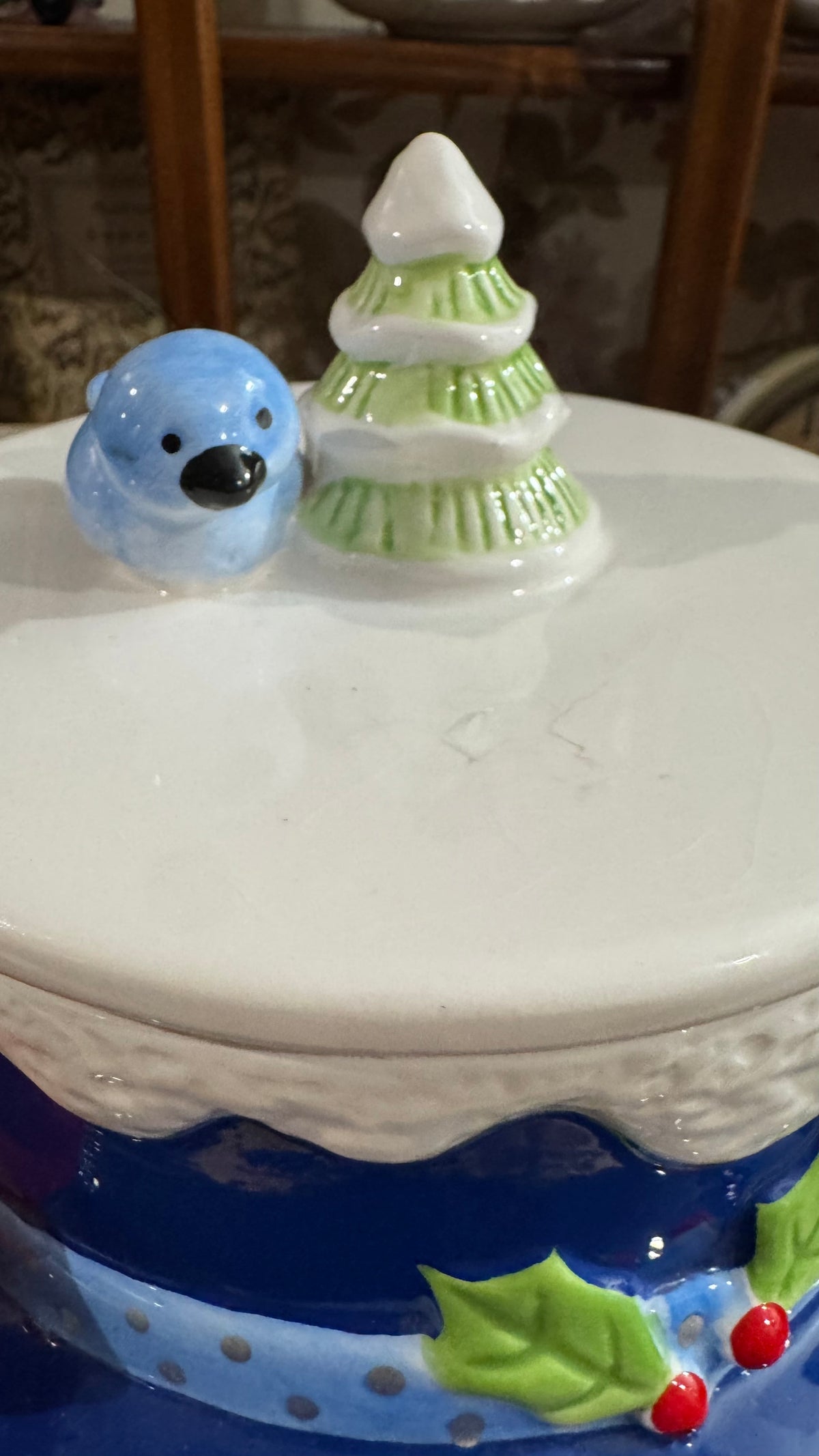 Houston Harvest Snowman Cookie Jar – Blue Top Hat & Winter Birds