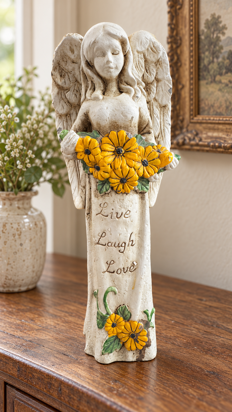 Live Laugh Love Angel Figurine with Yellow Flowers – 11″
