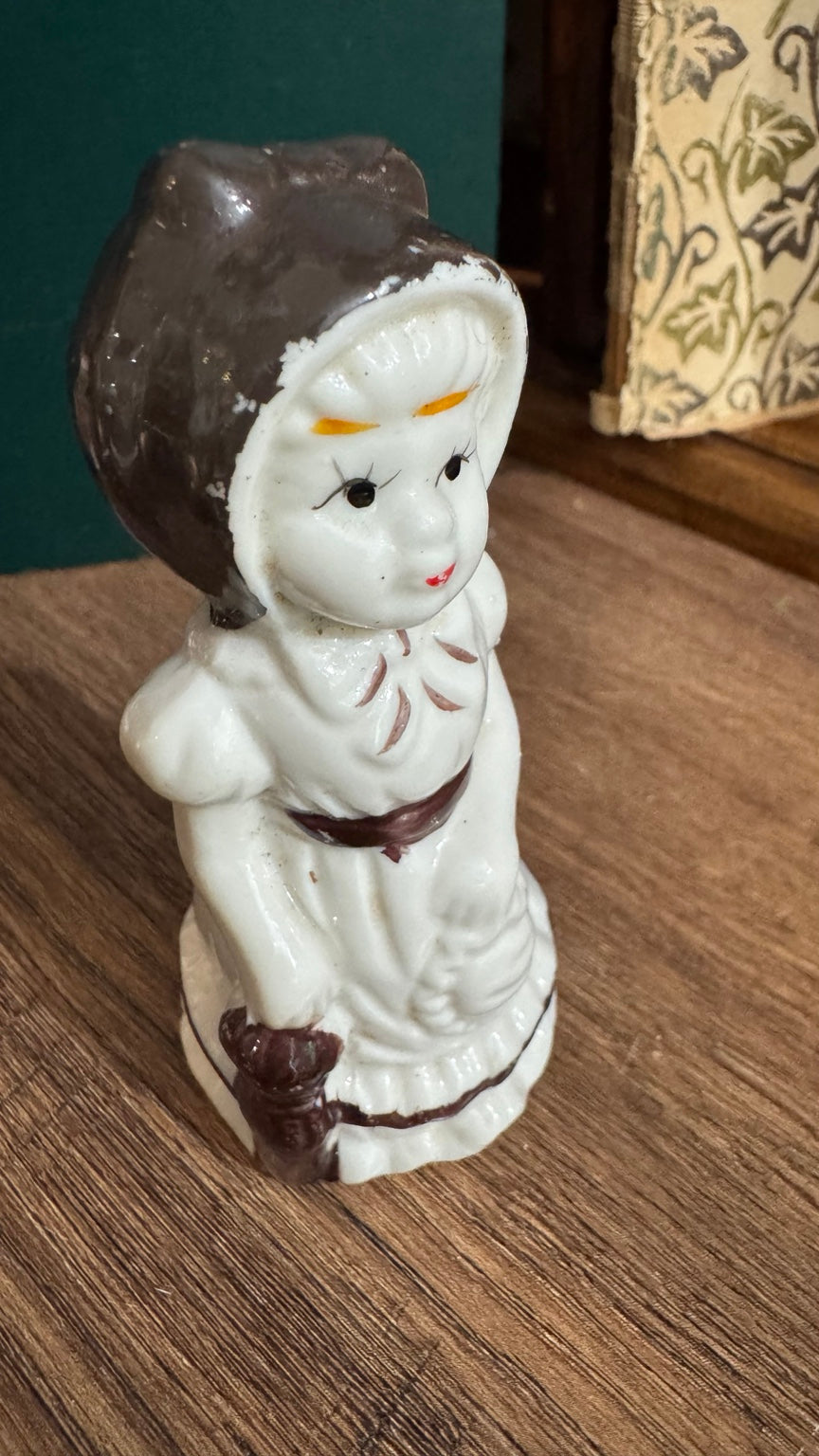 Vintage Porcelain Lady Figurine – Bonnet & Basket – 4”
