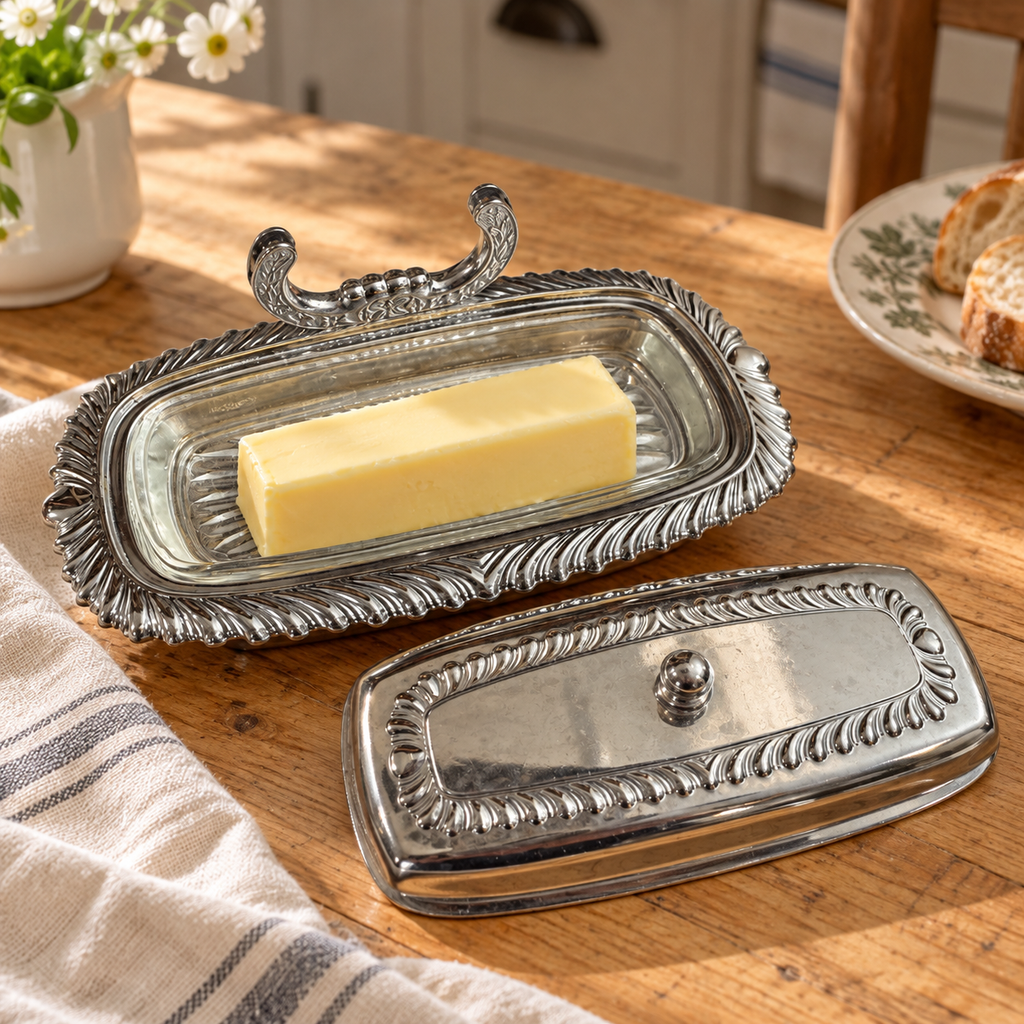 Ornate Silver-Tone Covered Butter Dish with Glass Insert –