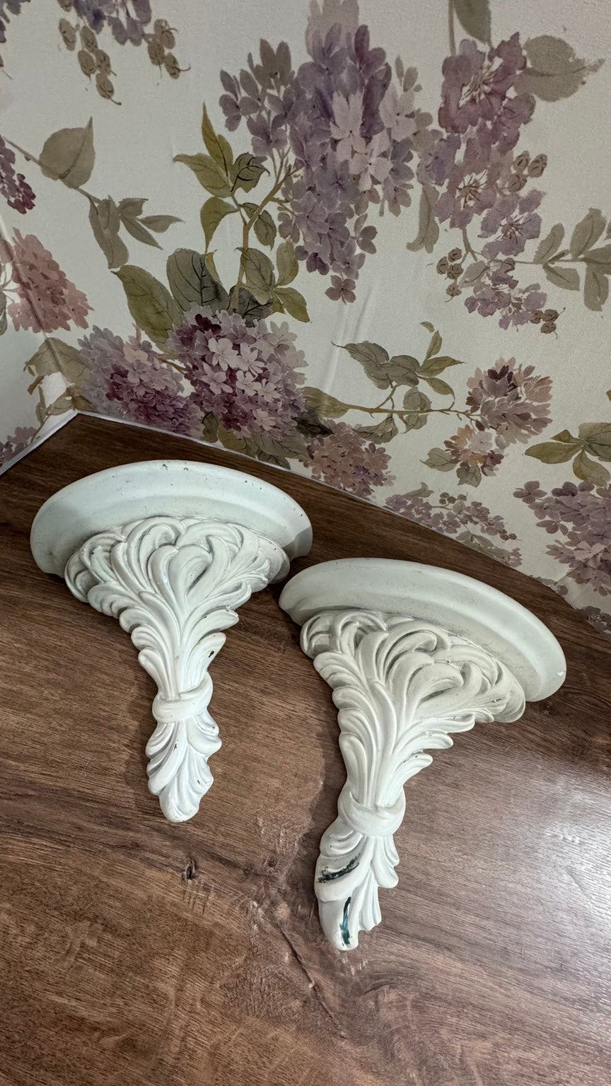Pair of Ornate Distressed White Wall Shelves | Farmhouse Decor