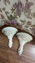 Pair of Ornate Distressed White Wall Shelves | Farmhouse Decor