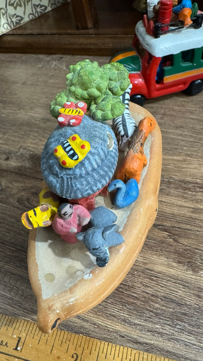Vintage Dominican Folk Art Noah’s Ark Boat with Animals – Hand Painted