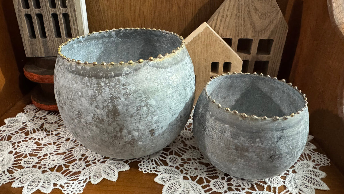 Distressed Gray Metal Decorative Pots / Candle Holders – Set of 2