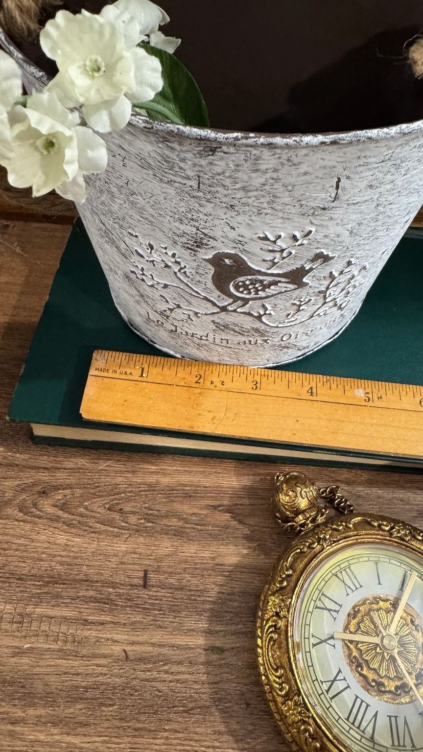 French Country Bird Metal Planter Bucket with Rope Handle