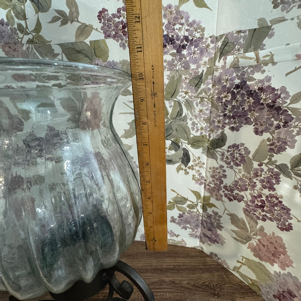 Large Glass Hurricane Vase on Wrought Iron Scroll Stand