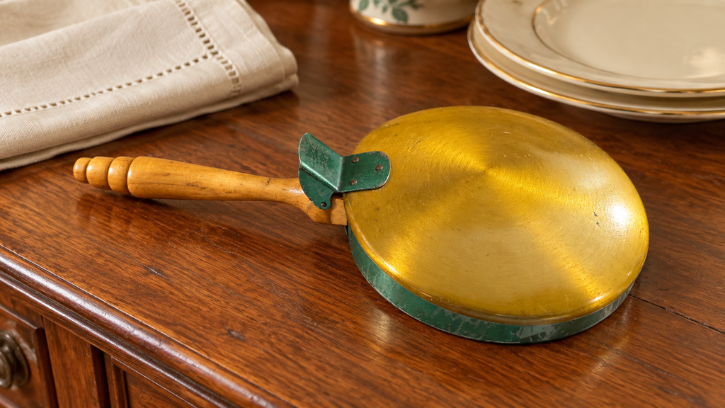 Vintage Silent Butler Crumb Catcher – Gold & Green with Wooden Handle