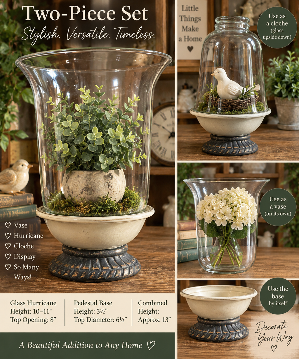 Versatile Glass Hurricane Vase & Decorative Pedestal – 2-Piece Set