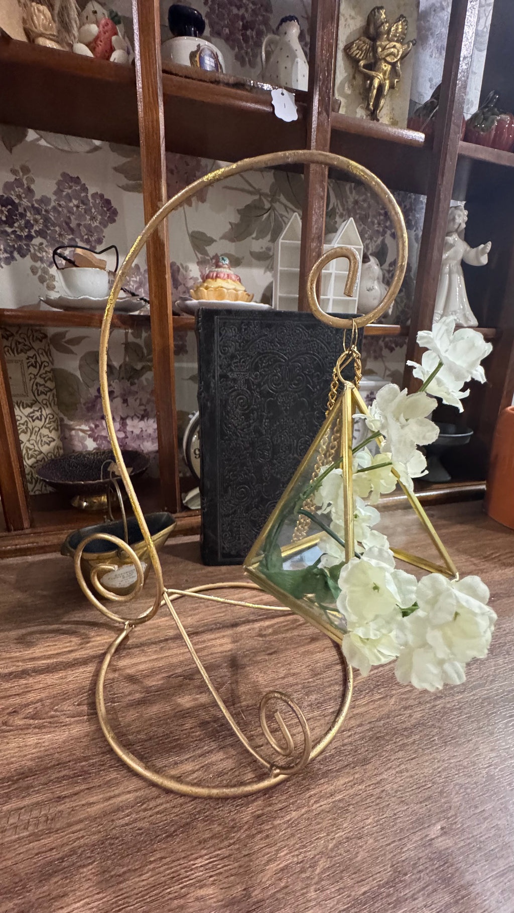 Gold Scroll Display Stand with Hanging Geometric Glass Terrarium