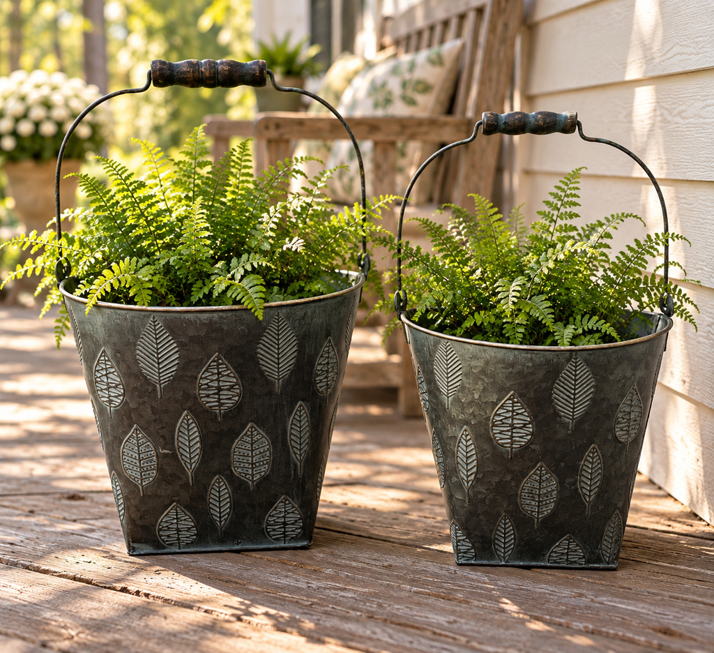 Embossed Leaf Metal Buckets with Wooden Handle Grips – Set of 2