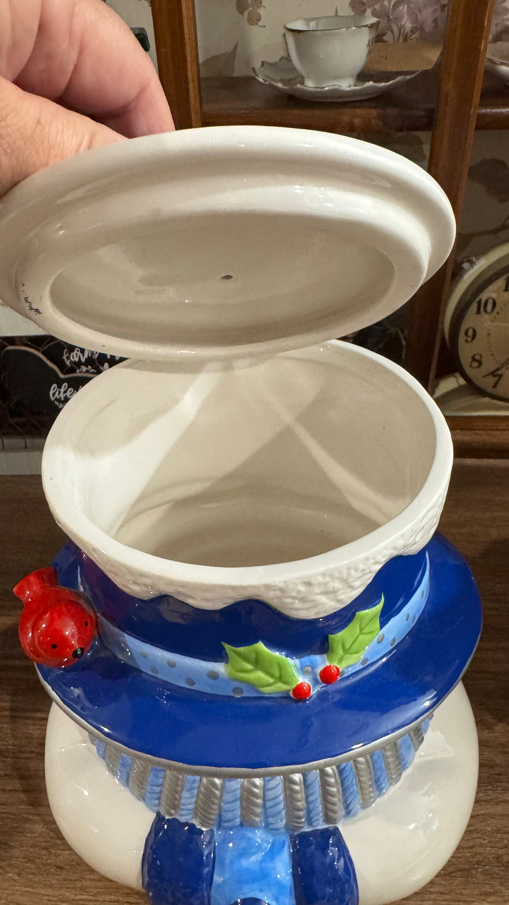 Houston Harvest Snowman Cookie Jar – Blue Top Hat & Winter Birds
