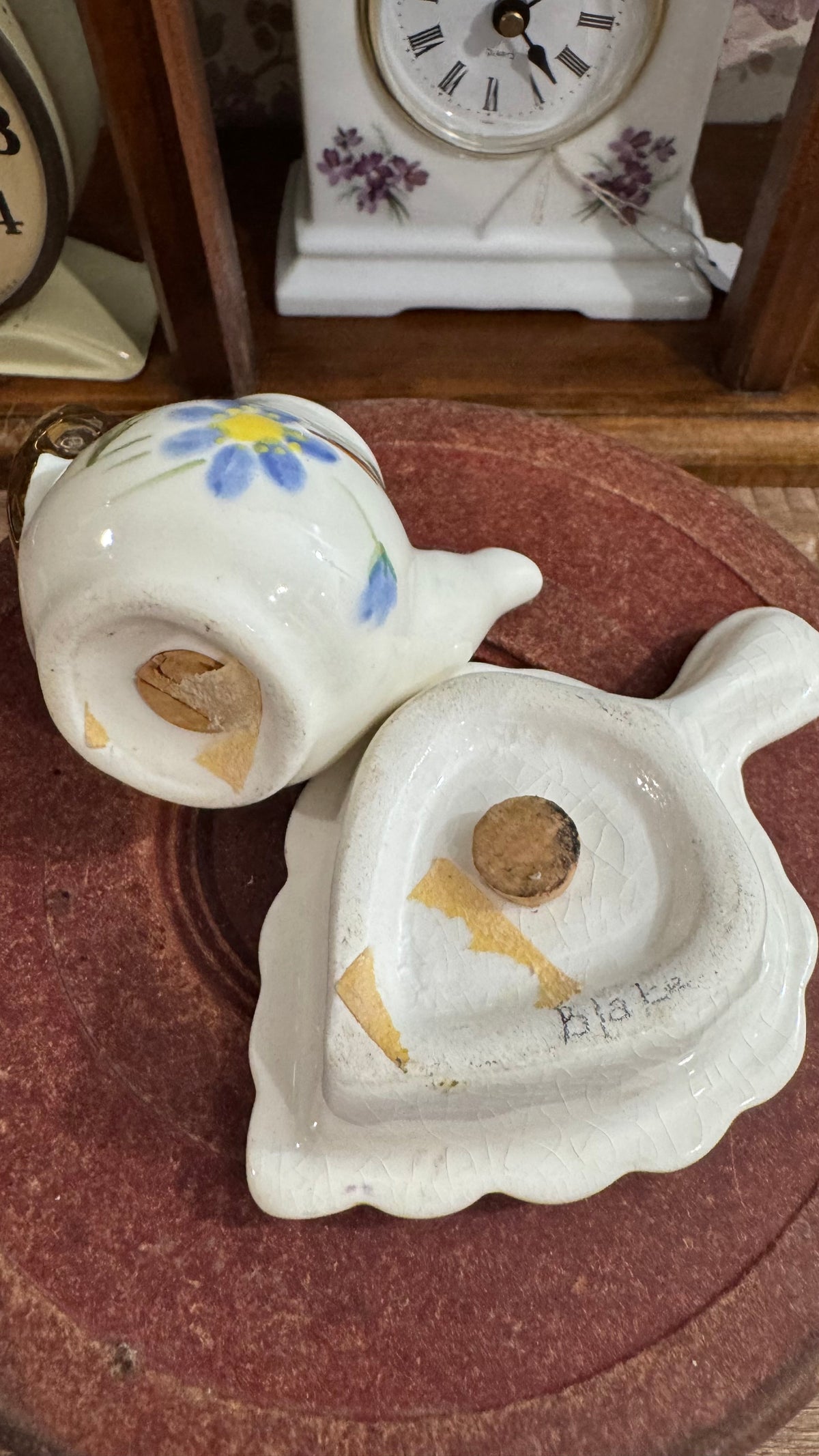 Vintage Poinsettia Studios Teapot & Leaf Salt Pepper Shaker Set Blue Floral Gold