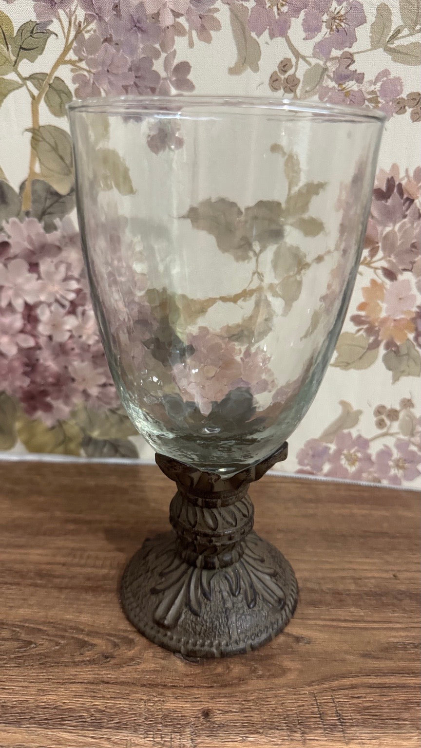 Decorative Glass Hurricane Candle Holder with Pewter Finish Base