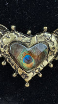 Peacock Feather Heart & Angel Wing Necklace – Brass Tone