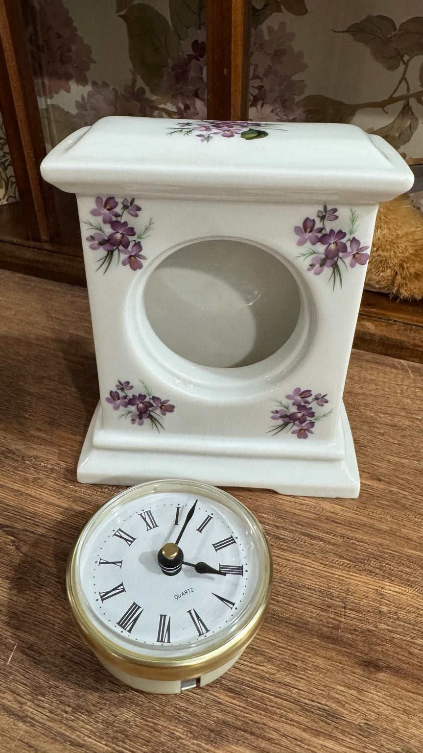 Vintage Porcelain Violet Floral Quartz Mantel Clock – Made in Taiwan