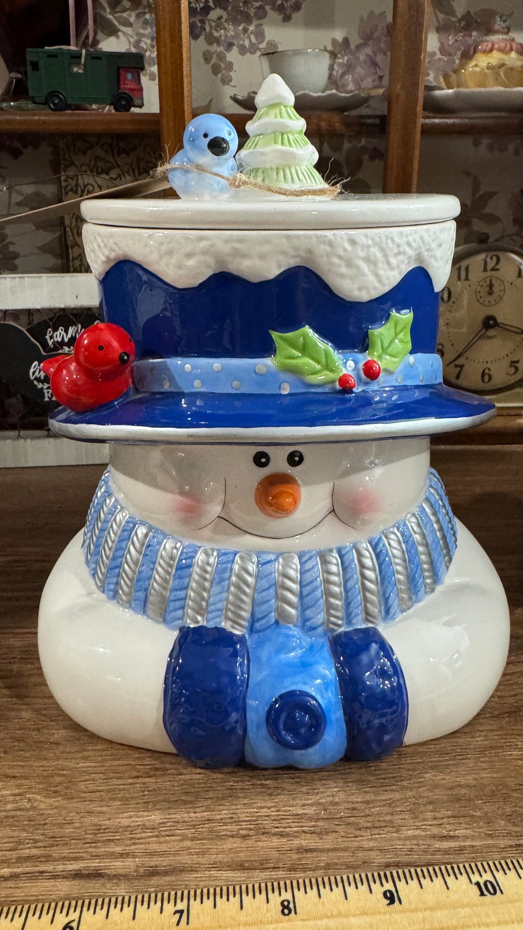 Houston Harvest Snowman Cookie Jar – Blue Top Hat & Winter Birds