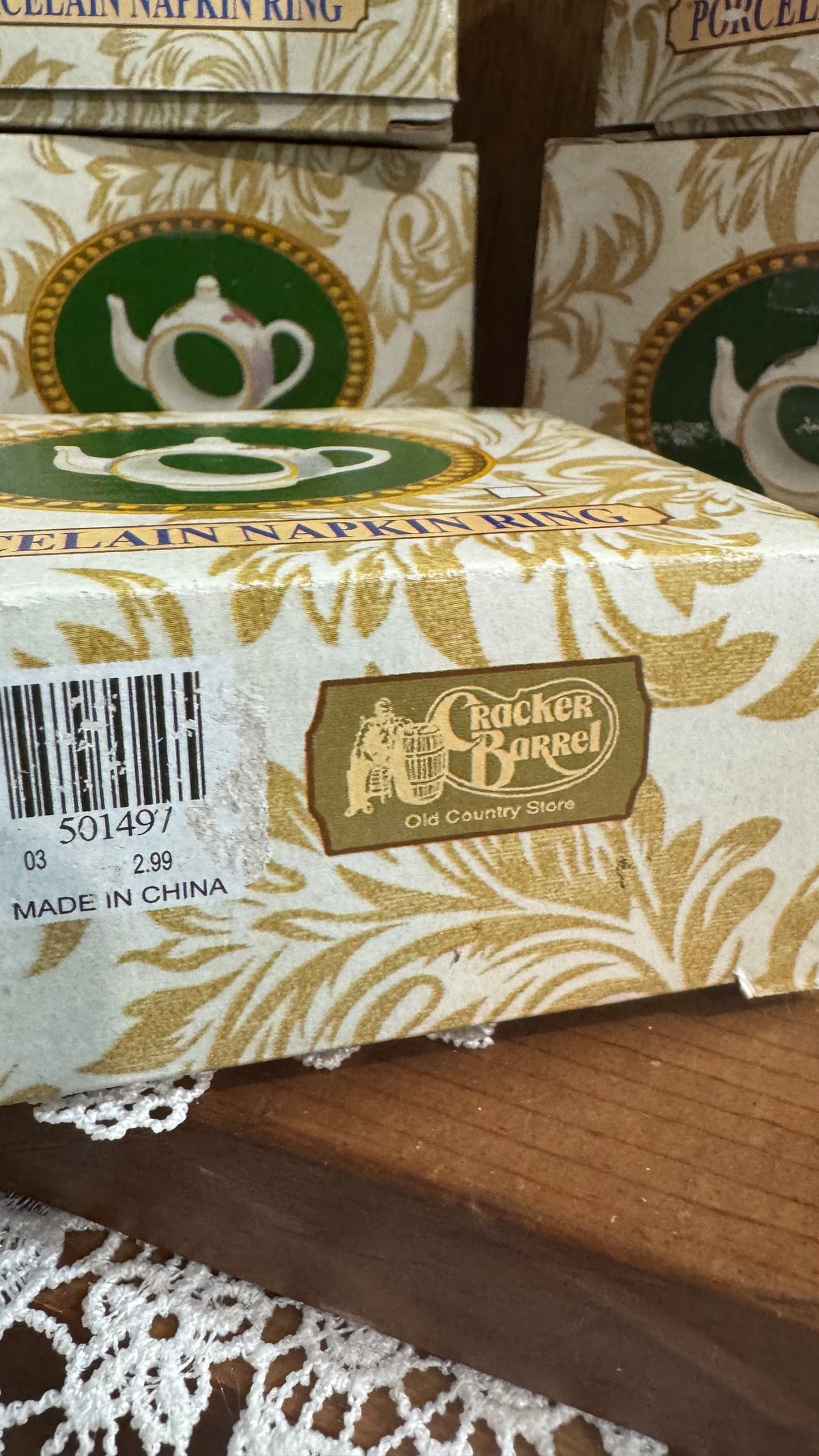Set of 5 Cracker Barrel Porcelain Teapot Napkin Rings – Pastel Floral & Gold Trim – Boxed