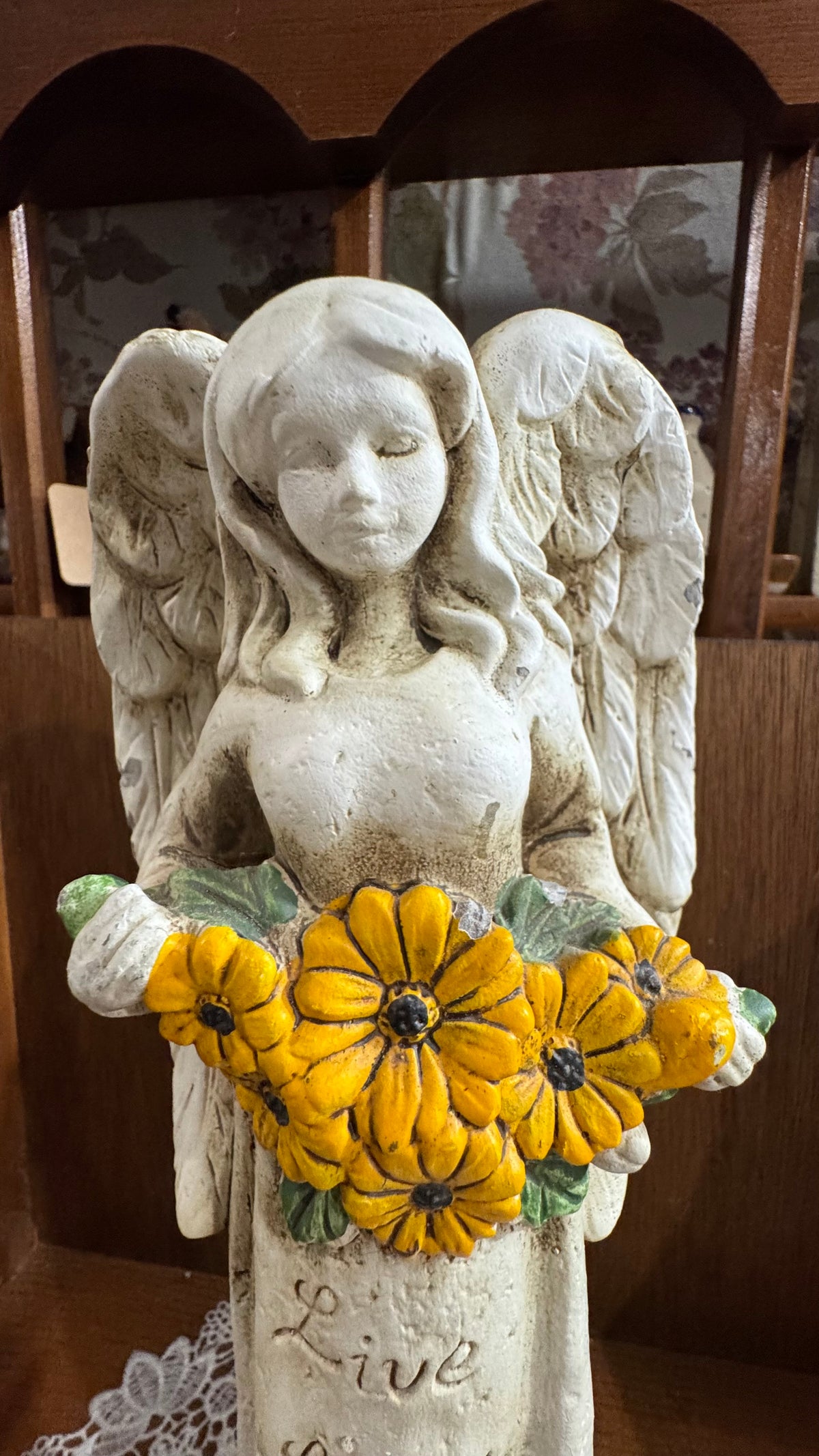 Live Laugh Love Angel Figurine with Yellow Flowers – 11″