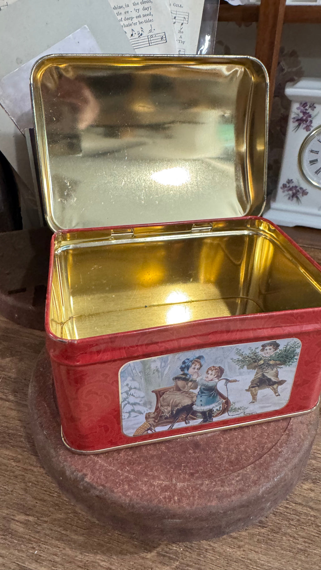 Red Christmas Tin with Victorian-Style Children & Hinged Lid 5x3.5