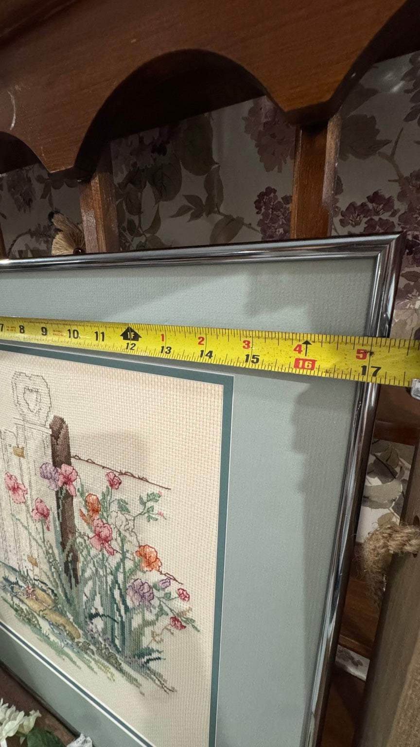 Vintage Hand-Stitched Garden Cross Stitch – Professionally Framed Nielsen USA