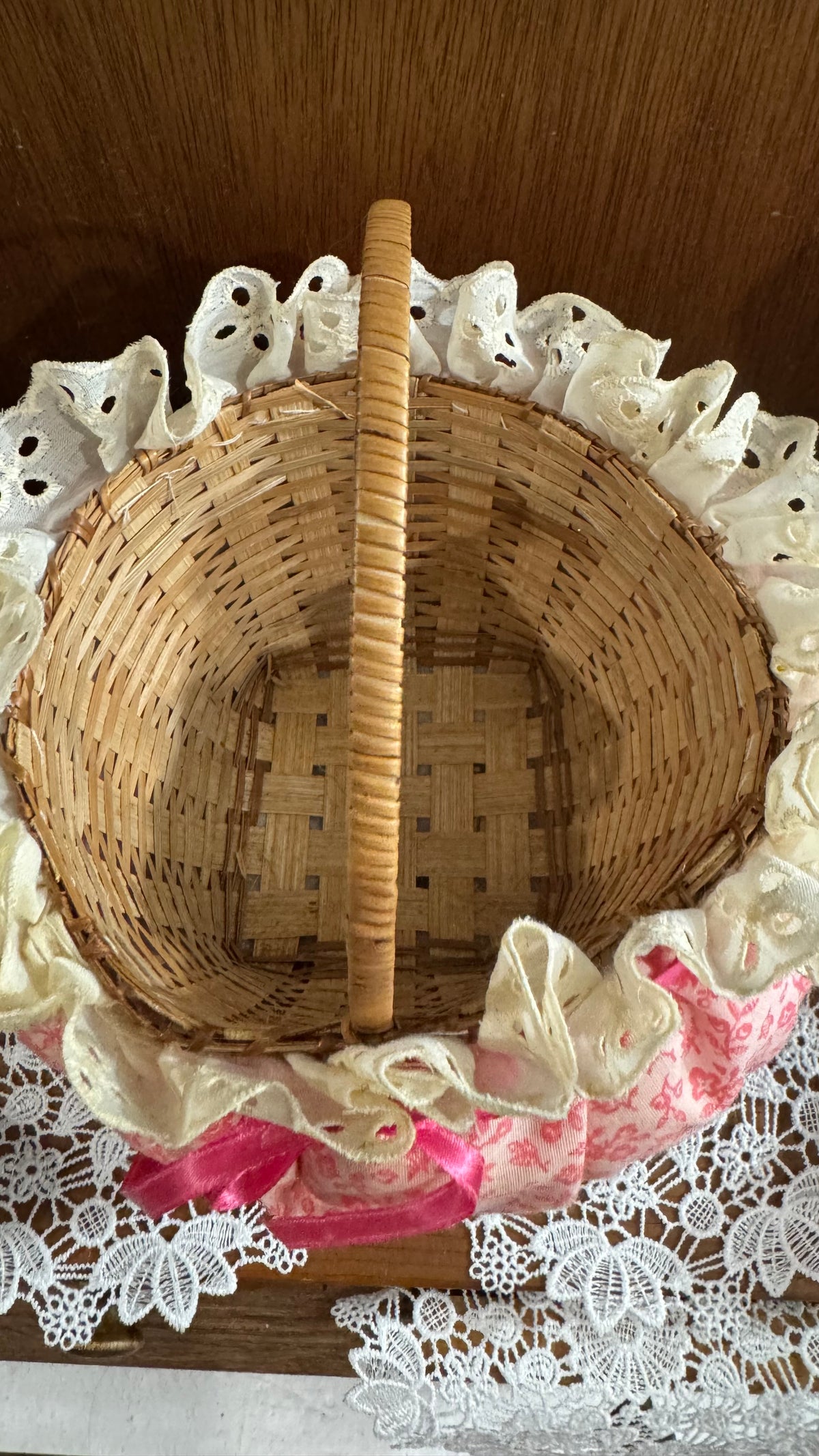 Pink Floral Basket with Cream Eyelet Lace & Ribbon