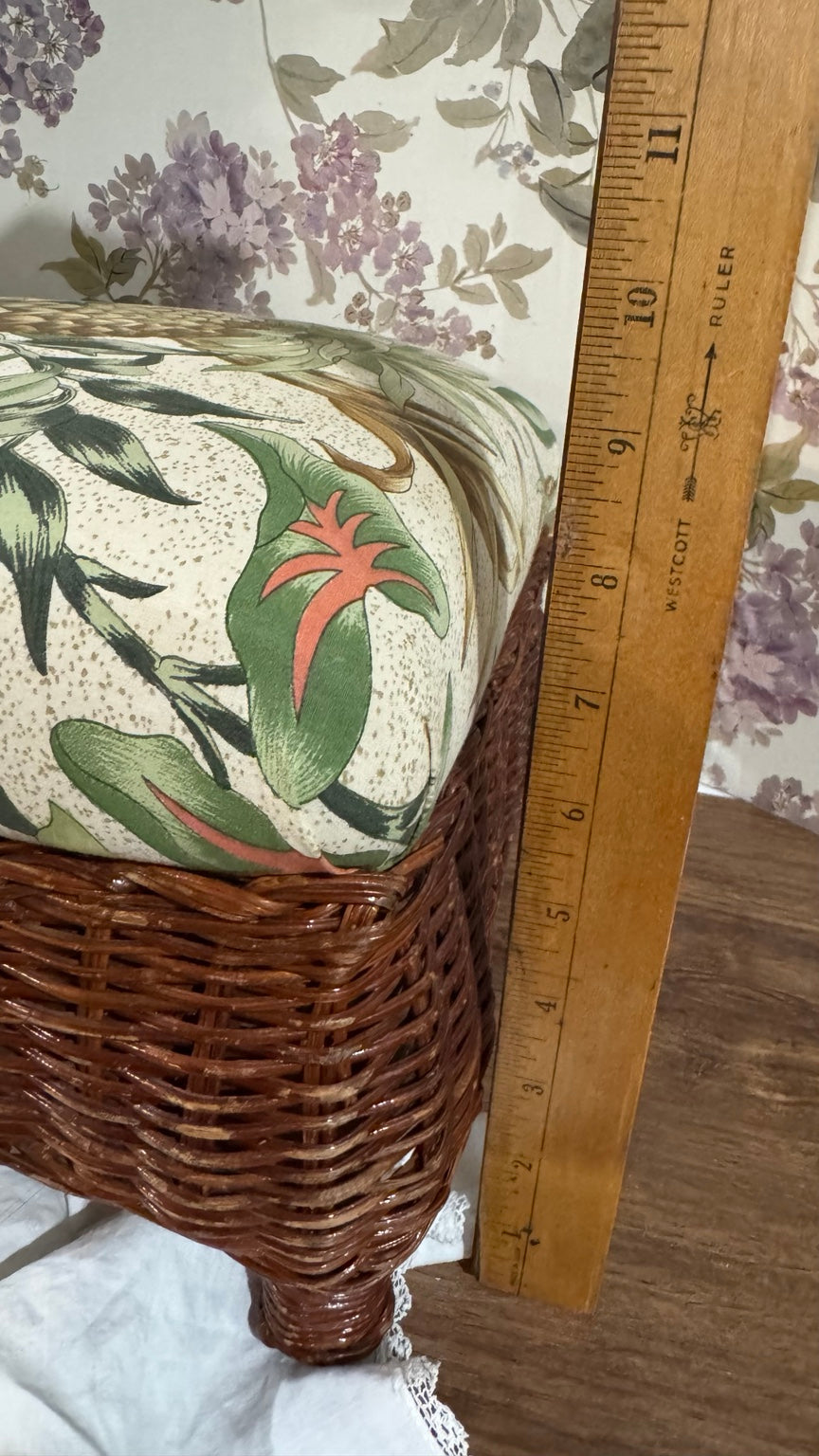 Vintage Wicker Footstool with Original Tropical Botanical Cushion | Rattan Ottoman