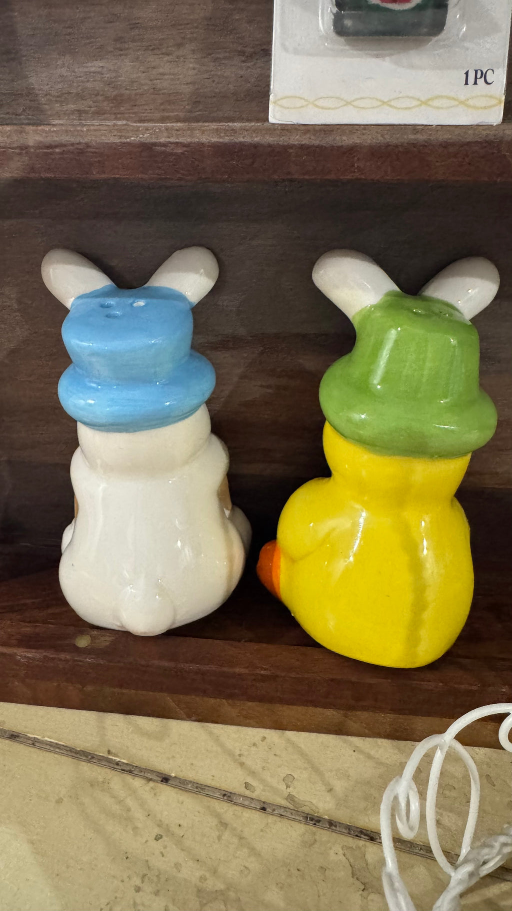 Easter Bunny & Chick Salt and Pepper Shakers with White Wire Basket