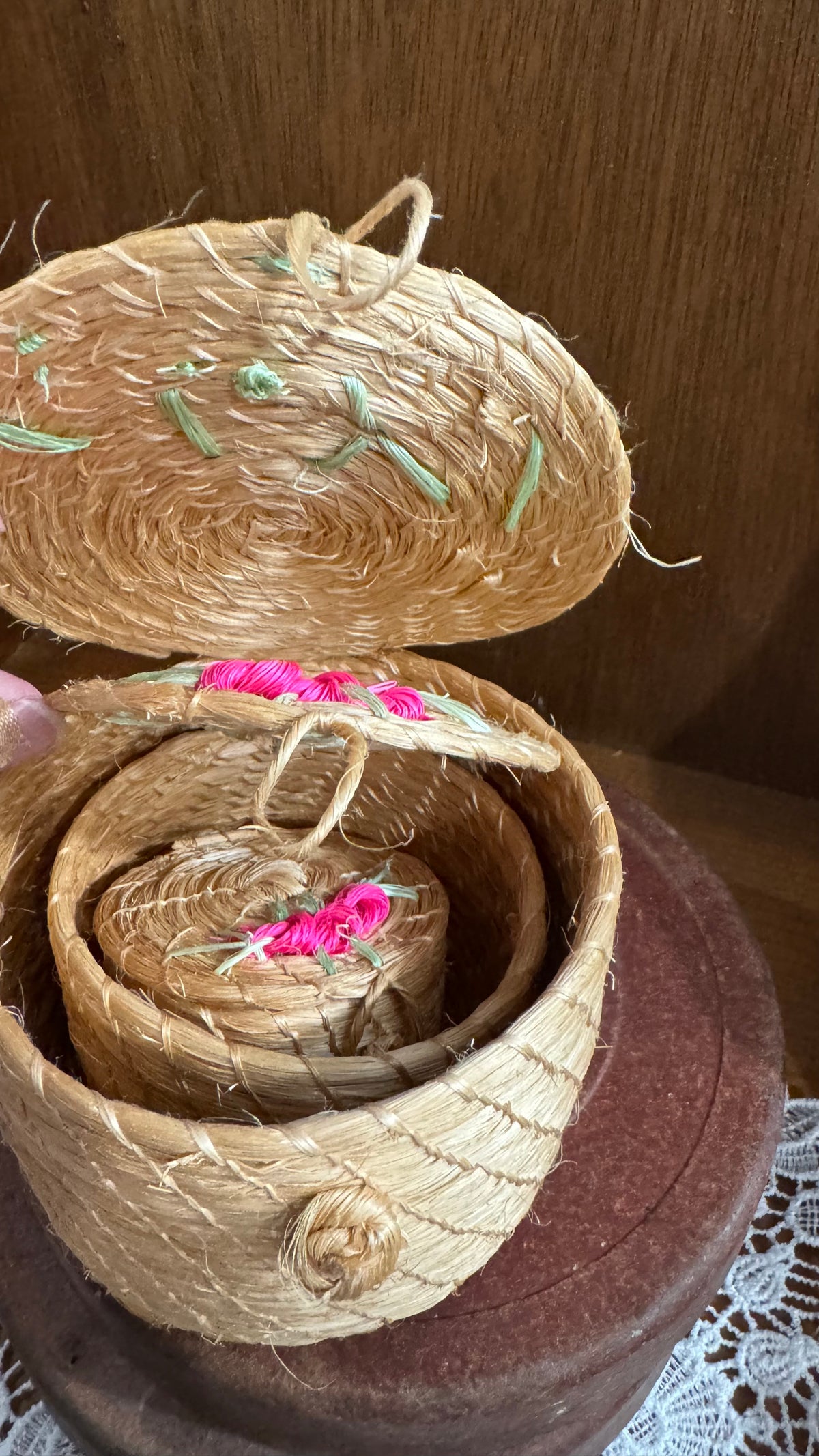 Mini Floral Woven Nesting Baskets with Lids – Set of 3