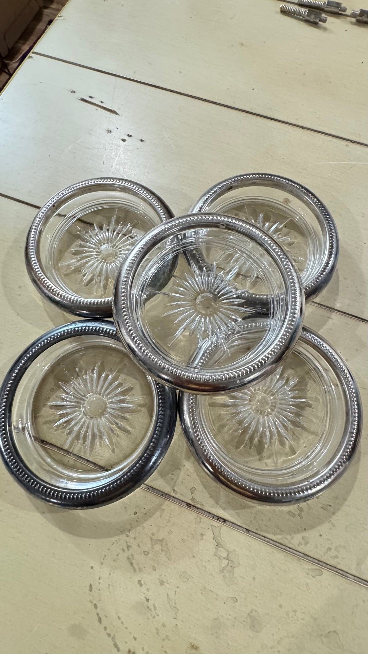 Vintage Leonard Silverplate & Glass Coasters – Set of 5