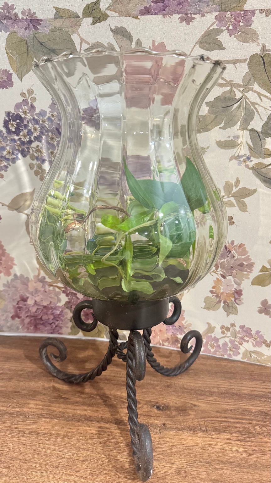 Large Glass Hurricane Vase on Wrought Iron Scroll Stand