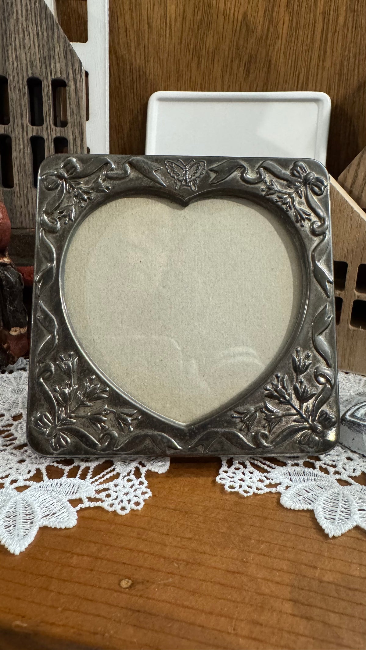 Silver-Tone Heart Picture Frame with Butterfly, Bows & Floral Details