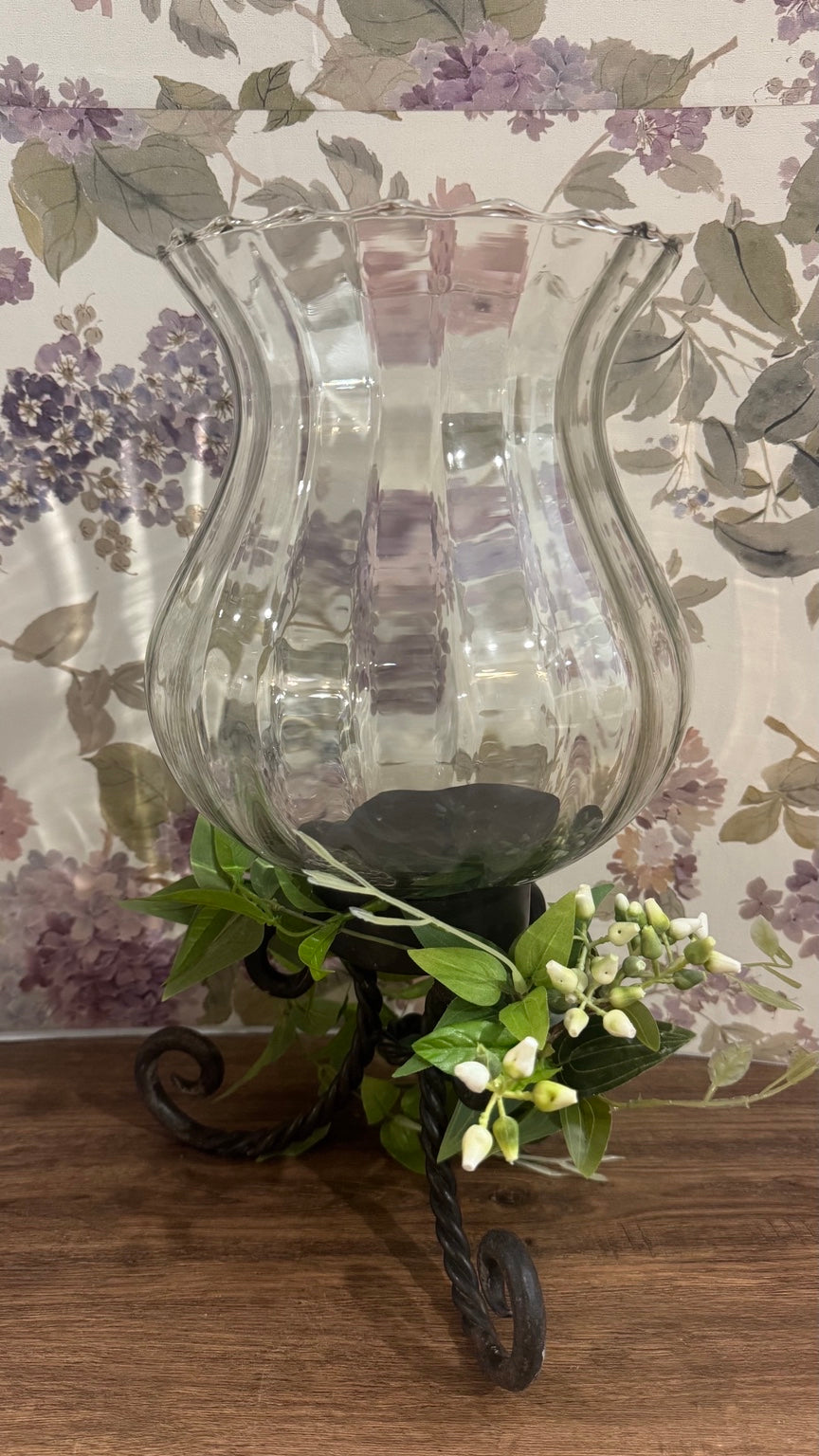Large Glass Hurricane Vase on Wrought Iron Scroll Stand