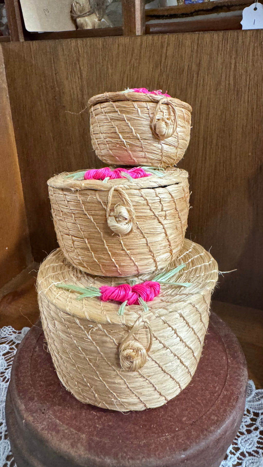 Mini Floral Woven Nesting Baskets with Lids – Set of 3