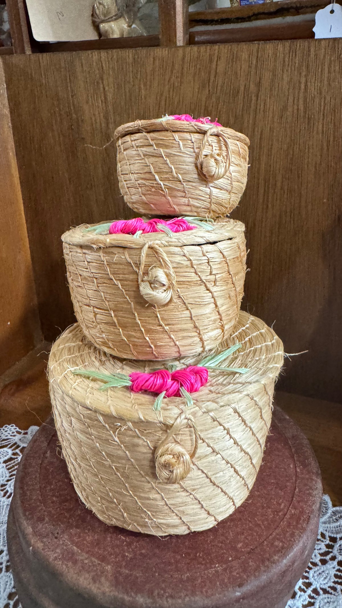 Mini Floral Woven Nesting Baskets with Lids – Set of 3