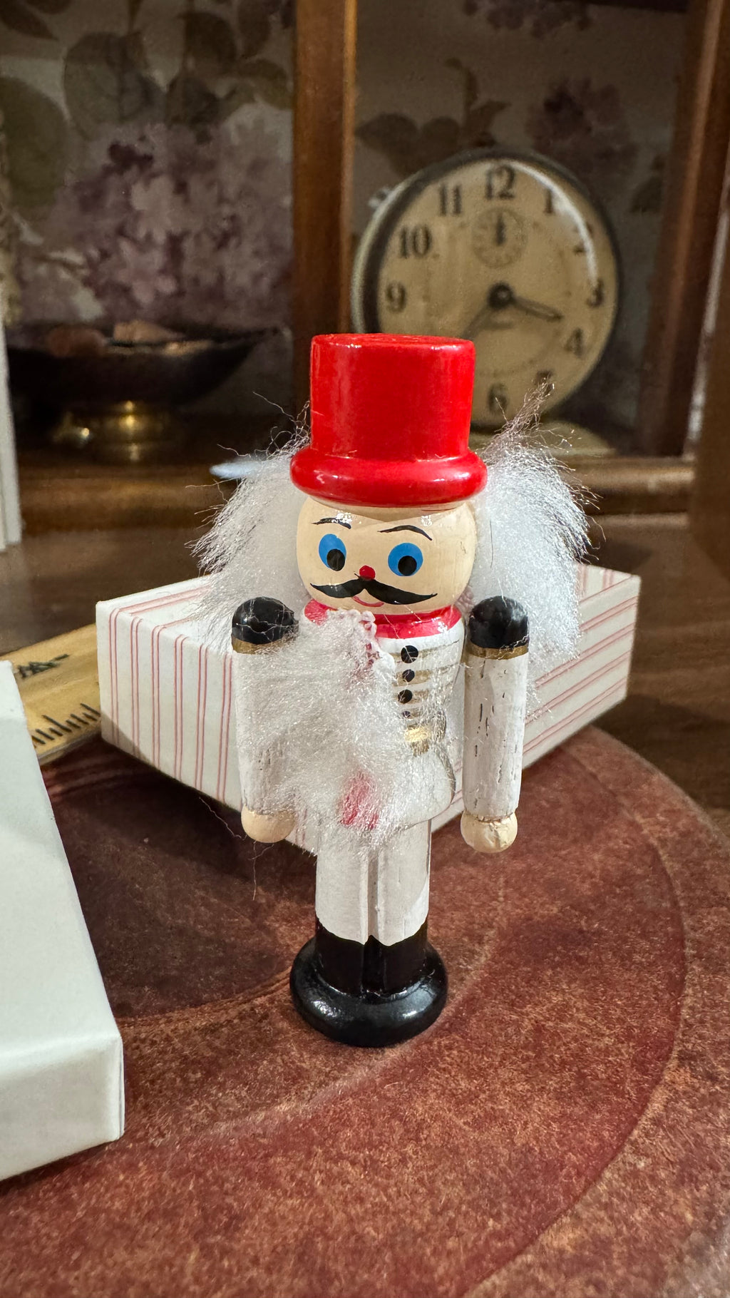 Miniature Wooden Nutcracker Soldier – Red Hat & White Uniform, Box Included