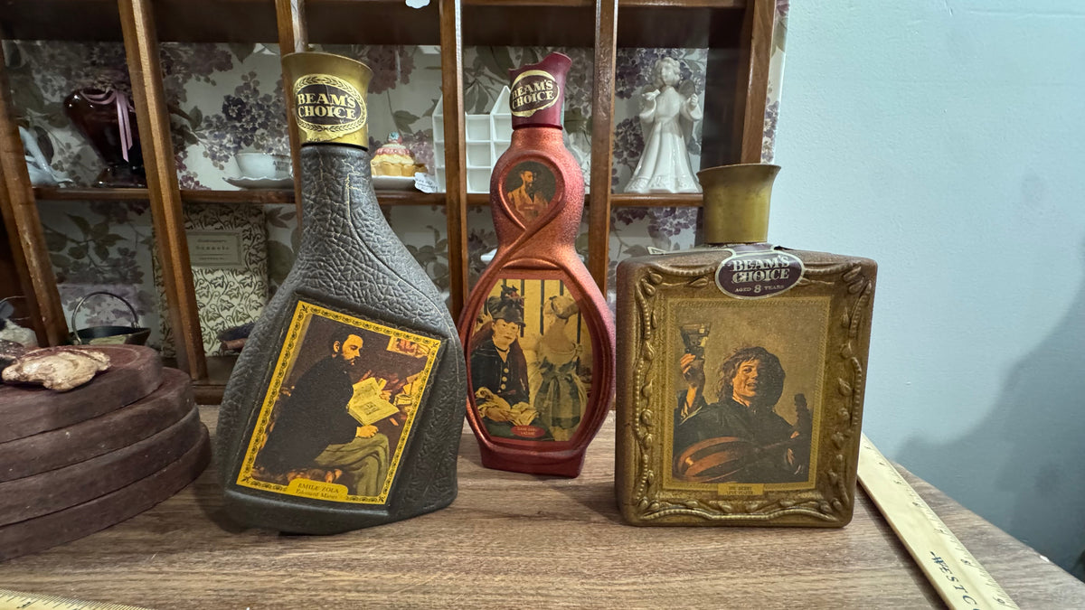 3 Vintage Beam’s Choice Art Decanter Bottles – Home Bar Display – Set