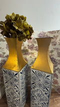 Set of 2 Blue & White Mediterranean Style Decorative Floor Vases – Gold Accent