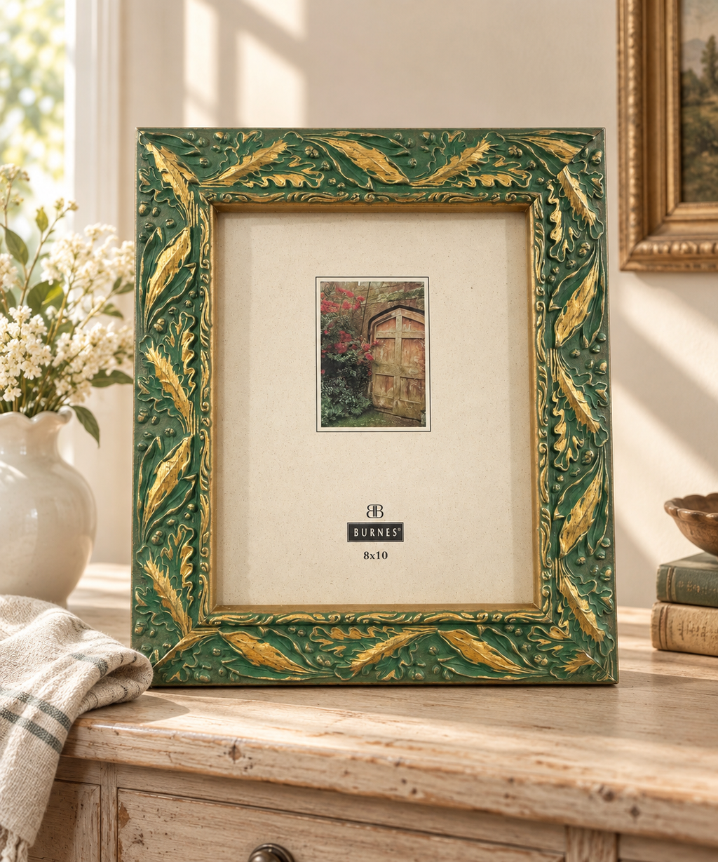 Burnes 8x10 Green Gold Ornate Botanical Leaf Picture Frame Tabletop Wall Decor