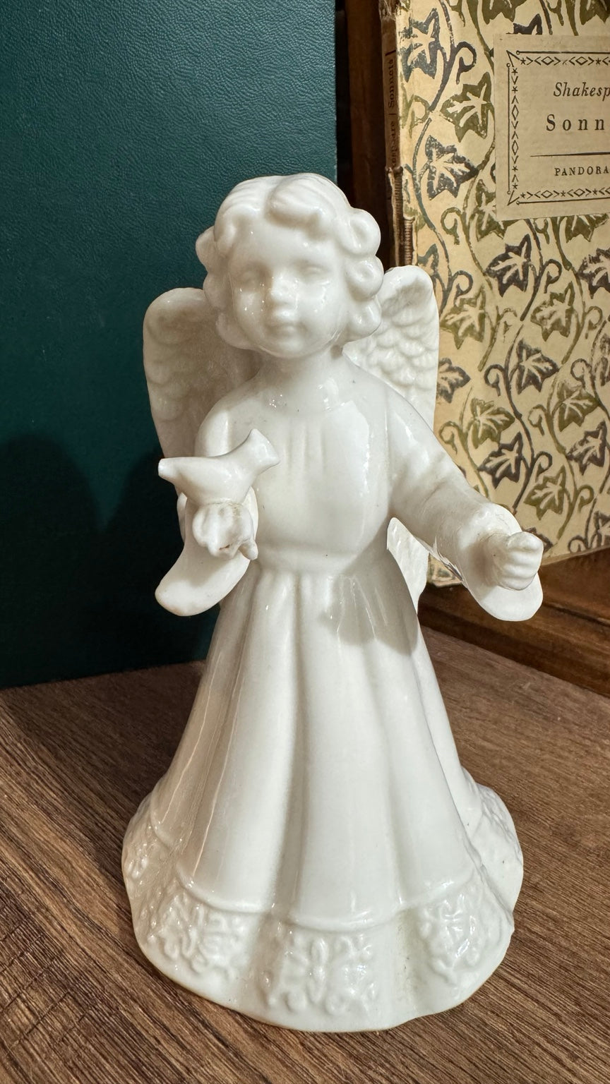 Vintage White Ceramic Angel Figurine with Bird – 6”