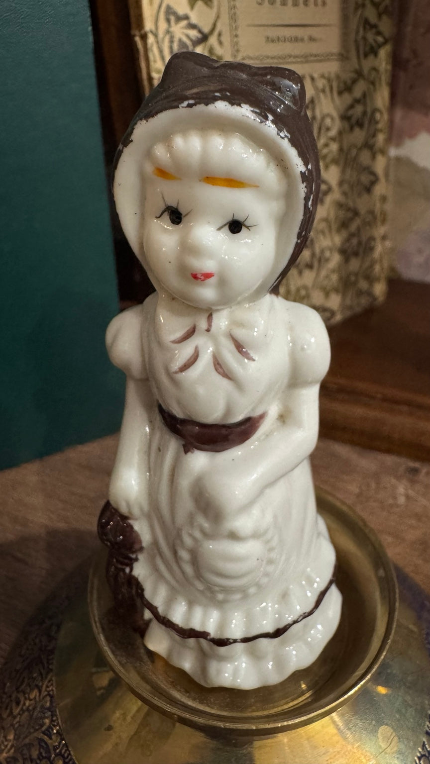 Vintage Porcelain Lady Figurine – Bonnet & Basket – 4”