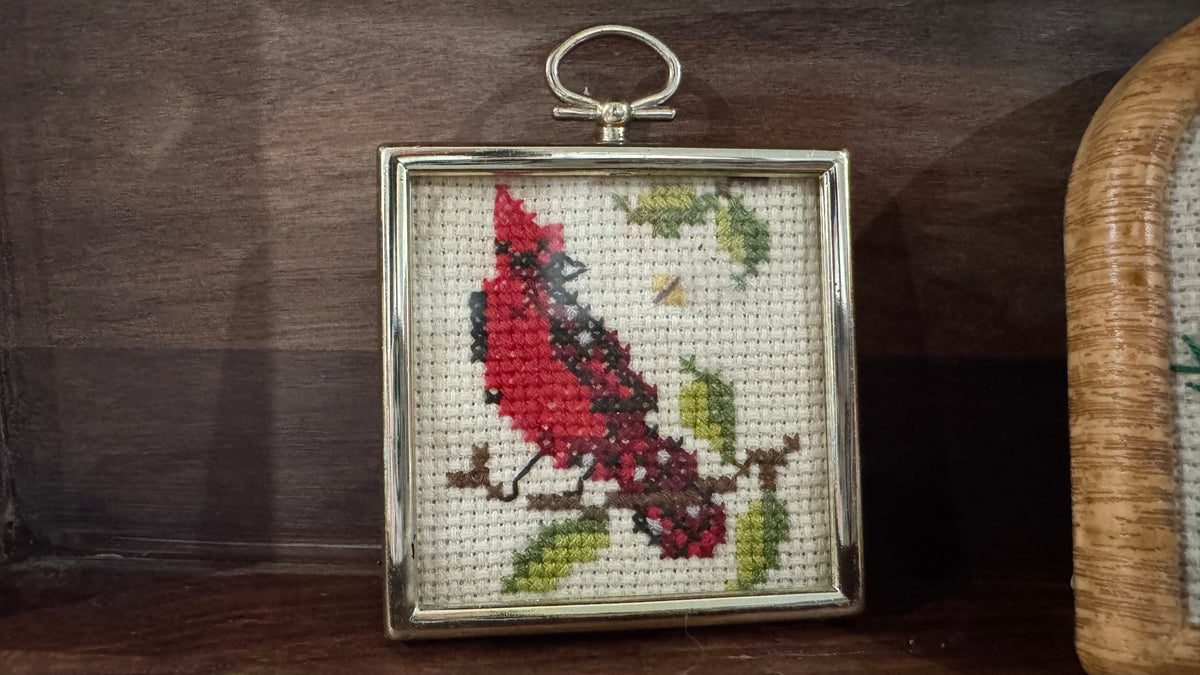 Mini Framed Christmas Cross Stitch Pair – Cardinal & Candle