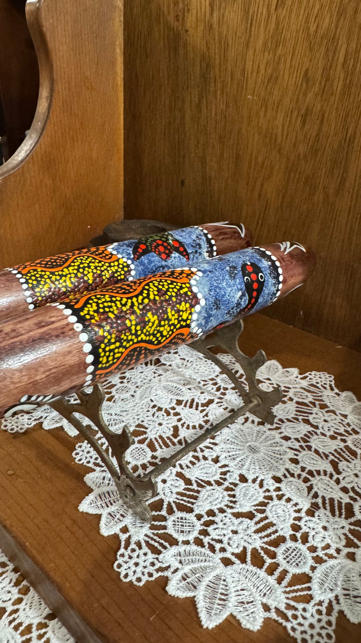 Painted Wooden Clapsticks Pair with Metal Display Stand – 8″