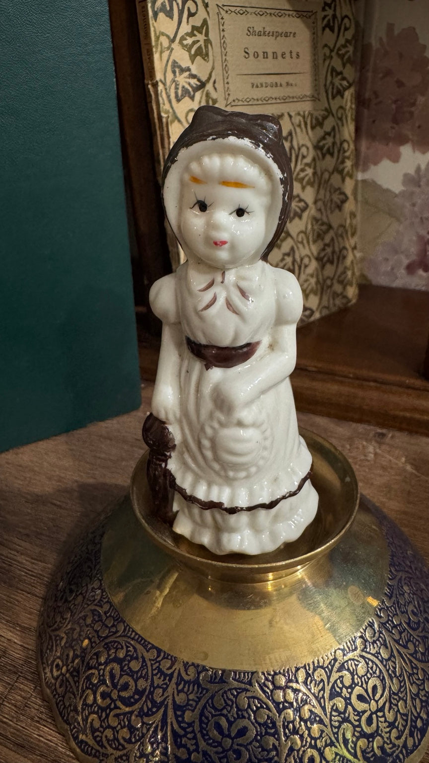 Vintage Porcelain Lady Figurine – Bonnet & Basket – 4”