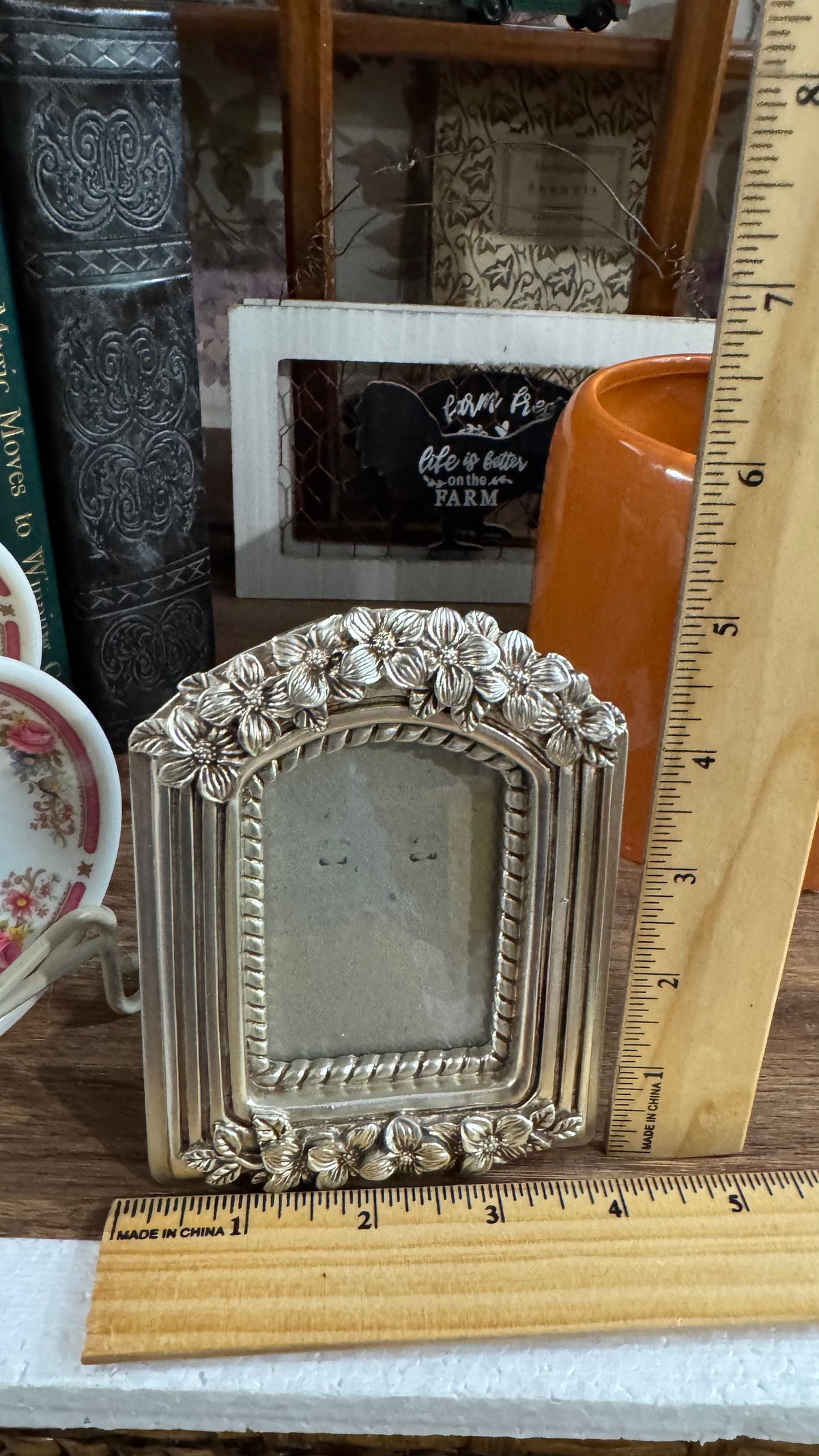 Small Silver-Tone Arched Picture Frame with Raised Floral Details