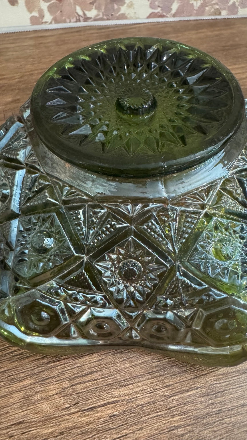 Vintage Olive Green Carnival Glass Star Candy Dish