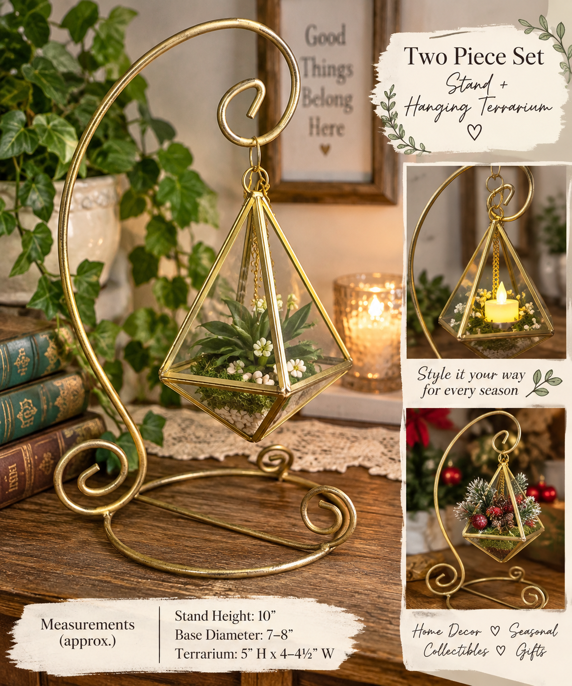 Gold Scroll Display Stand with Hanging Geometric Glass Terrarium