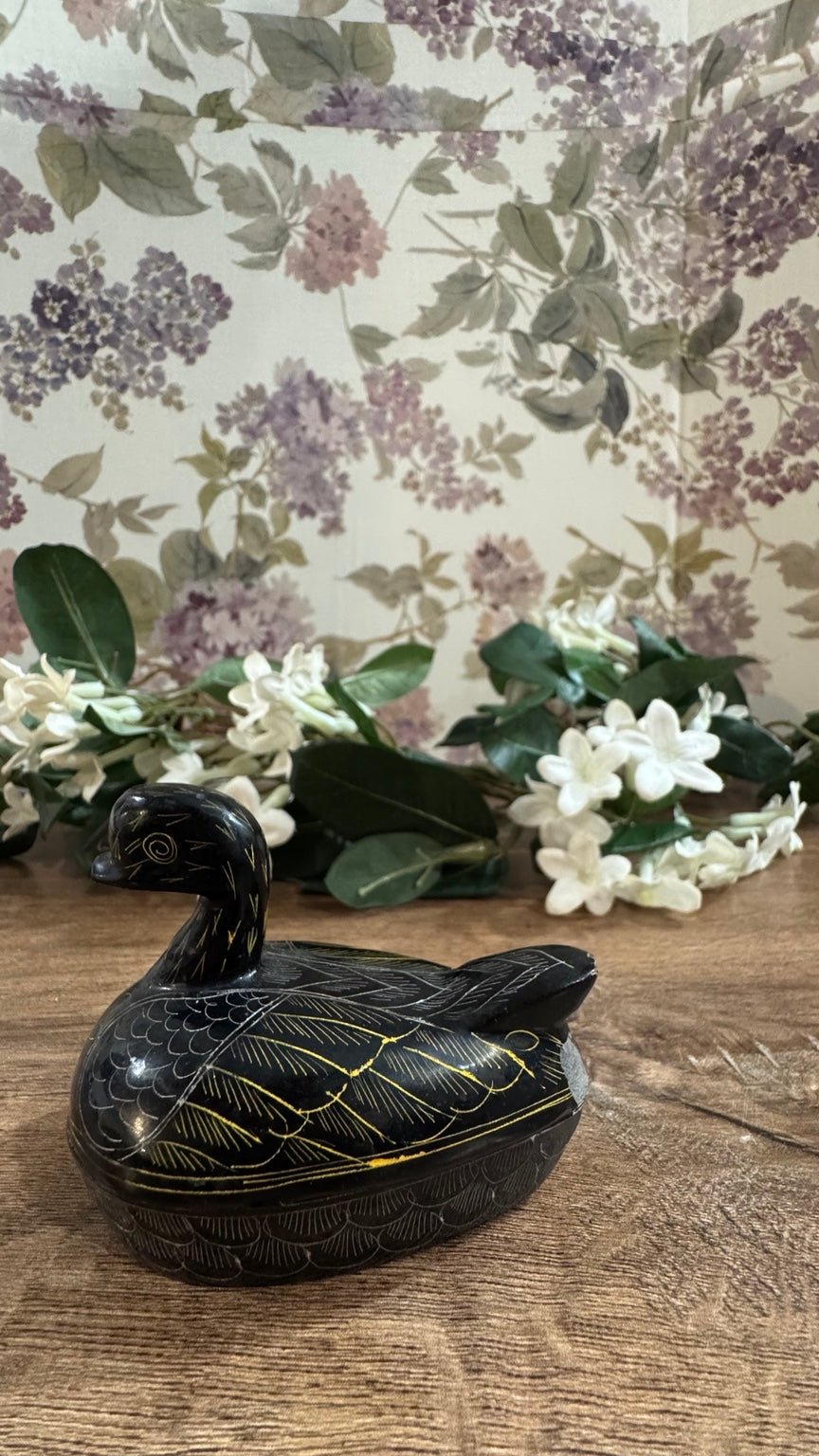 Vintage Hand-Carved Black Soapstone Duck Trinket Box | Etched Lidded Keepsake
