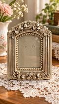 Small Silver-Tone Arched Picture Frame with Raised Floral Details