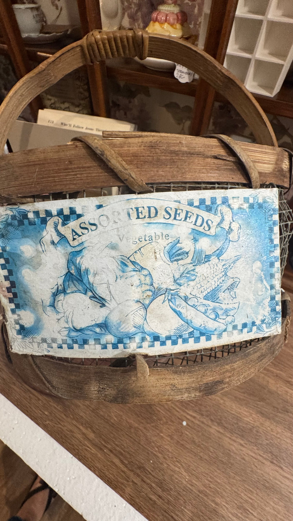 Rustic Wood & Wire “Assorted Seeds” Basket – Primitive Farmhouse Décor